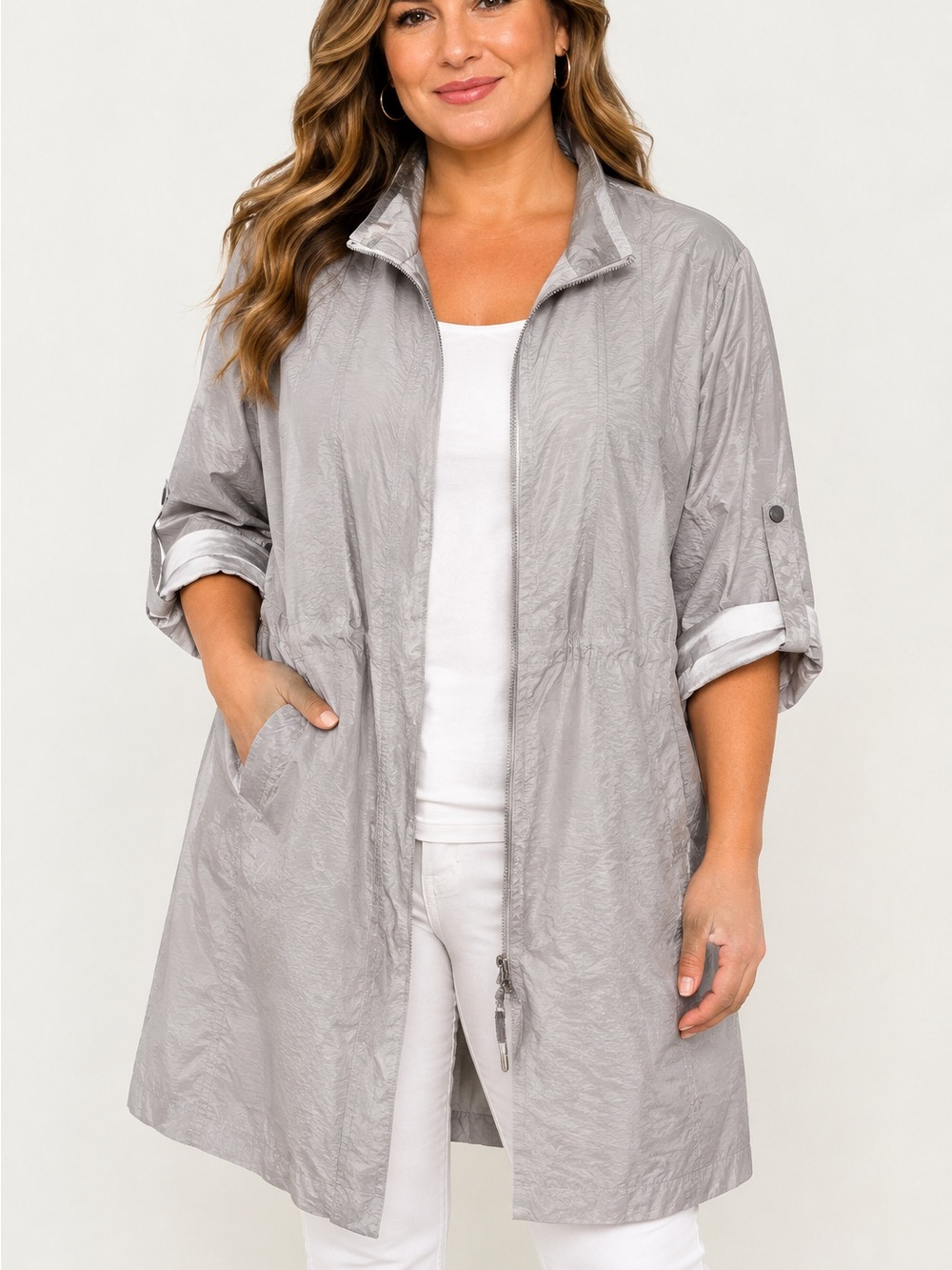 Calvin Klein Women’s Small Light Gray Coat Cinch Waist Zip Front